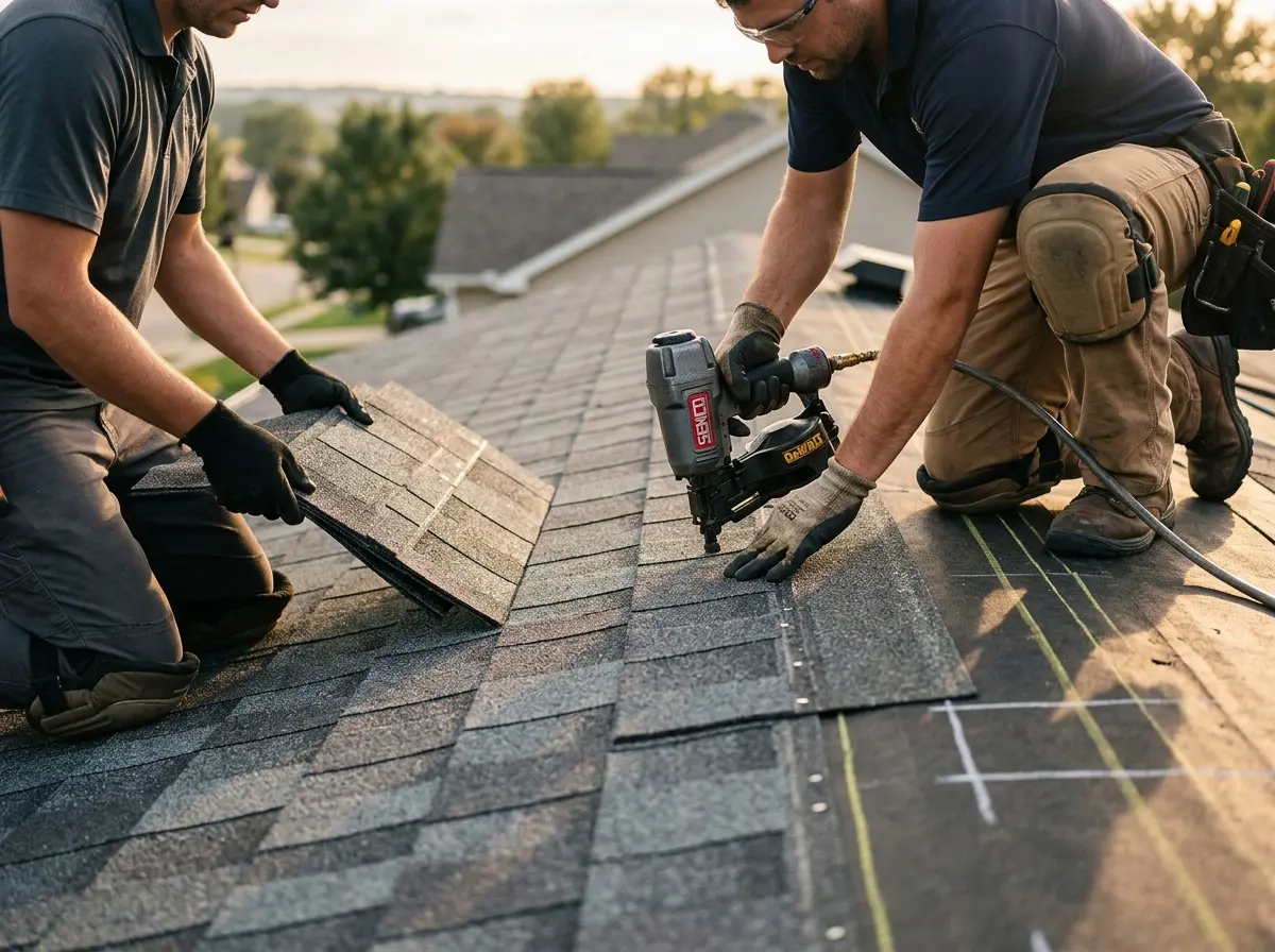 Professional roofer working on a residential roof in Annapolis